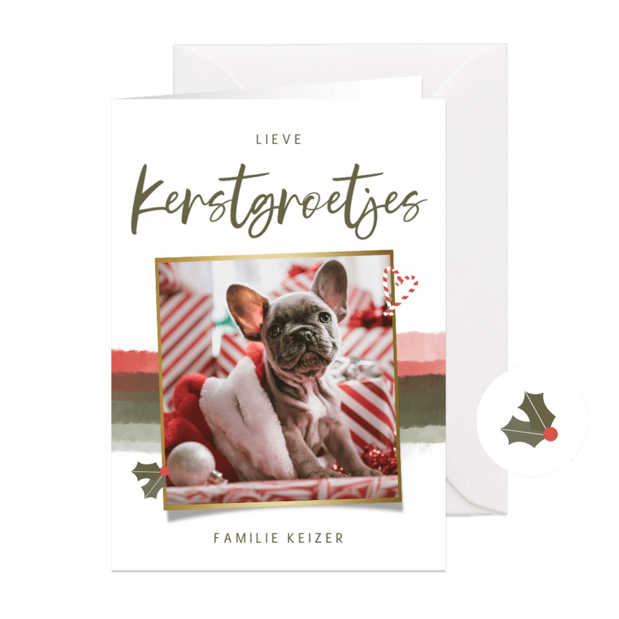 Kerstkaartje kerstgroetjes met waterverf hulst zuurstok - Kaartimpressie