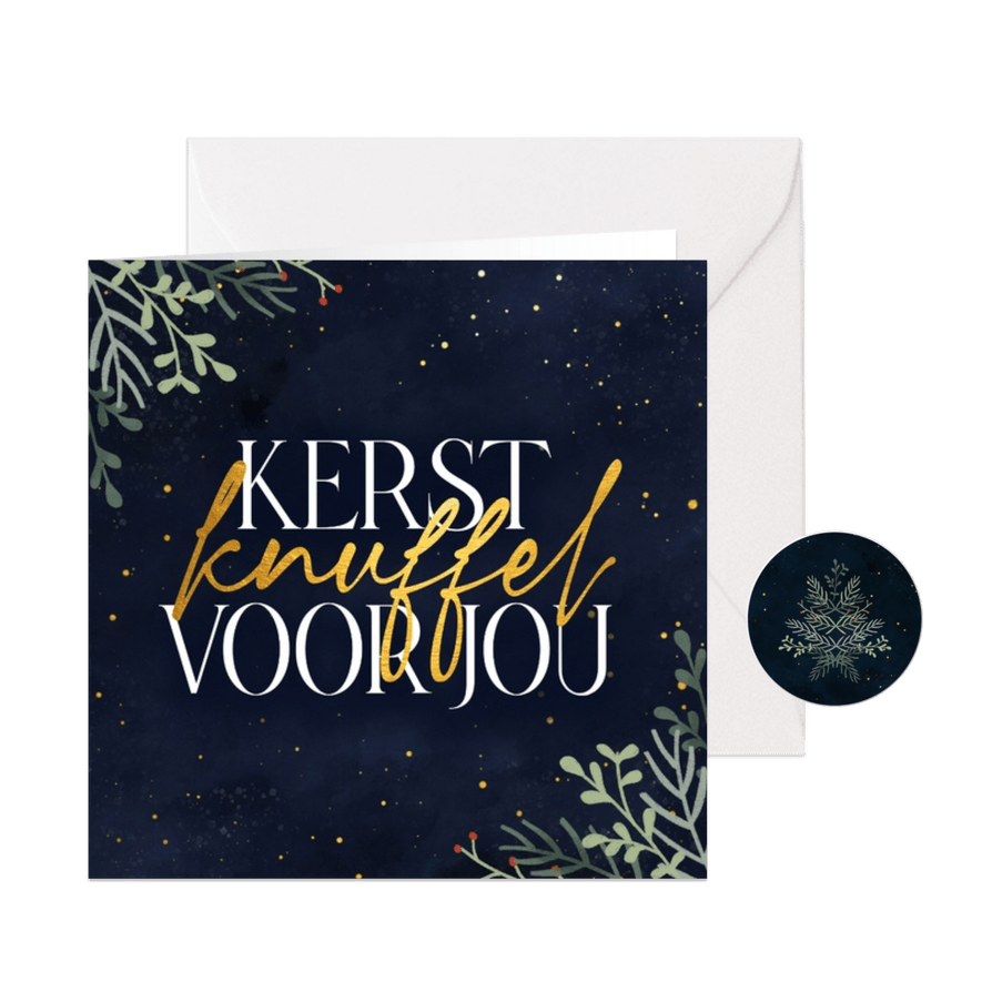 Kerstkaartje kerstknuffel voor jou met blaadjes - Kaartimpressie