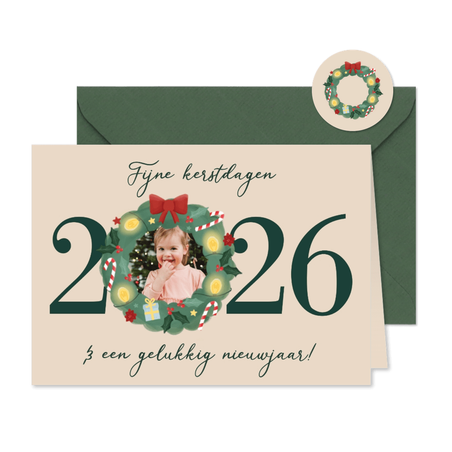 Kerstkaartje kerstkrans foto 2026 groen jaartal - Kaartimpressie
