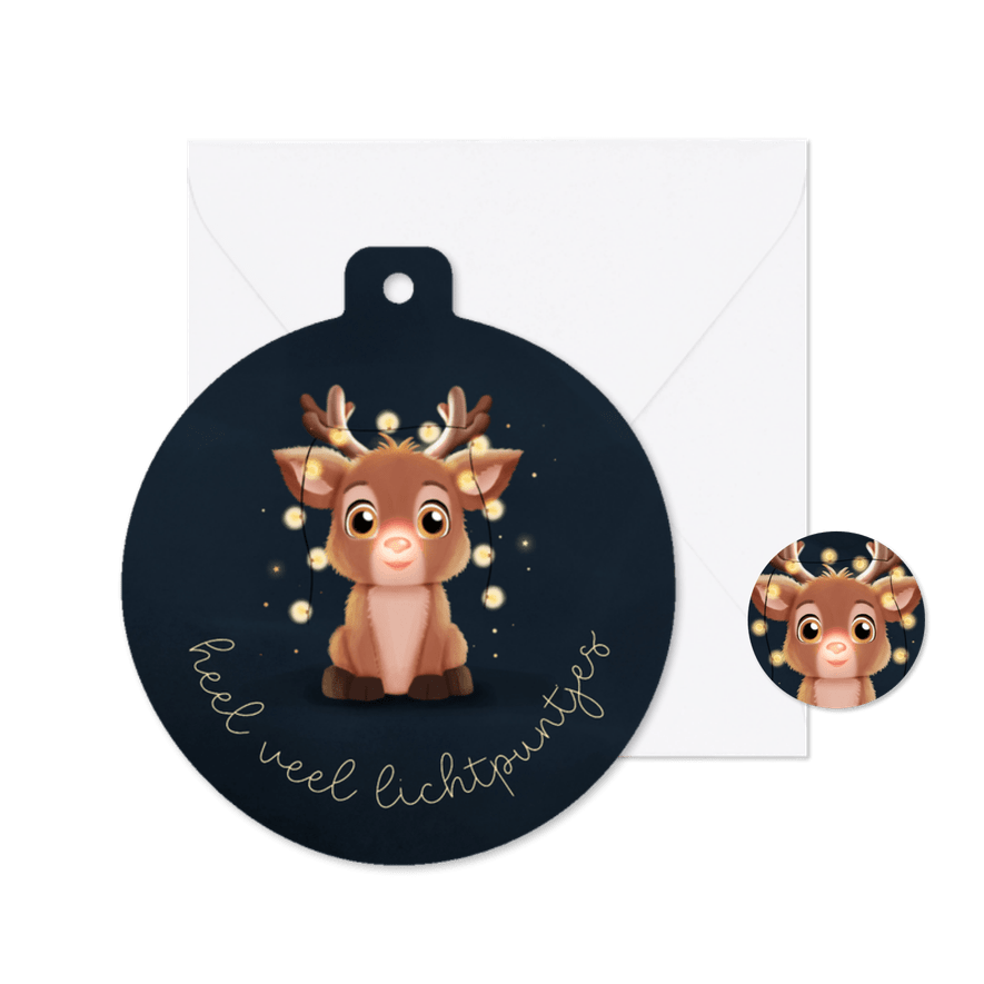 Kerstkaartje lichtpuntjes rendier blauw kerstbalvorm - Kaartimpressie