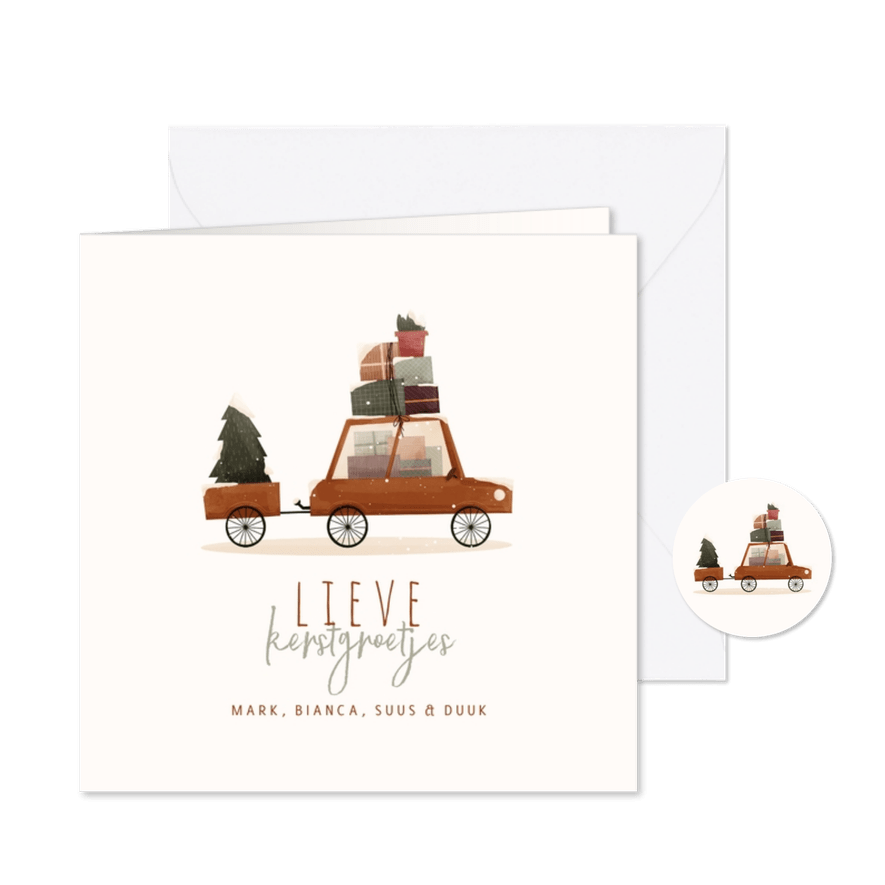 Kerstkaartje lieve kerstgroetjes met dozen en huisje - Kaartimpressie