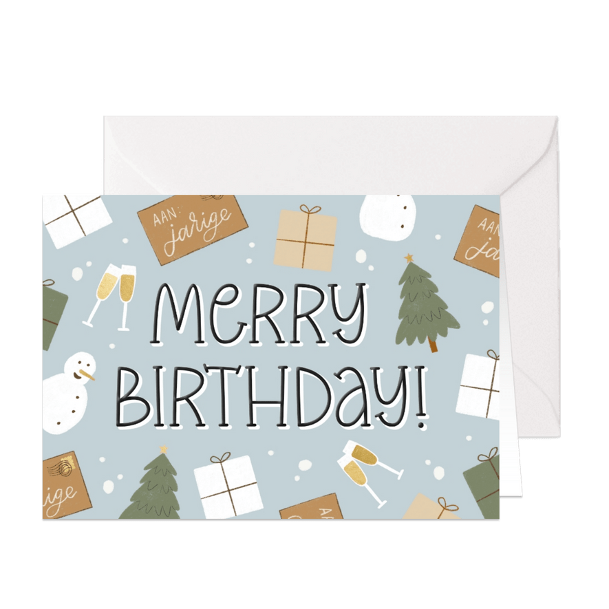 Kerstkaartje Merry Birthday met illustraties - Kaartimpressie