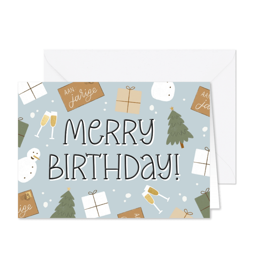 Kerstkaartje Merry Birthday met illustraties - Kaartimpressie