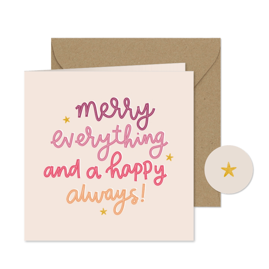 Kerstkaartje merry everything and a happy always gekleurd - Kaartimpressie