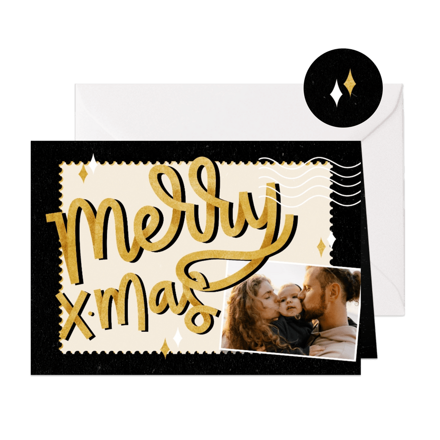 Kerstkaartje merry xmas goud en zwart met foto - Kaartimpressie