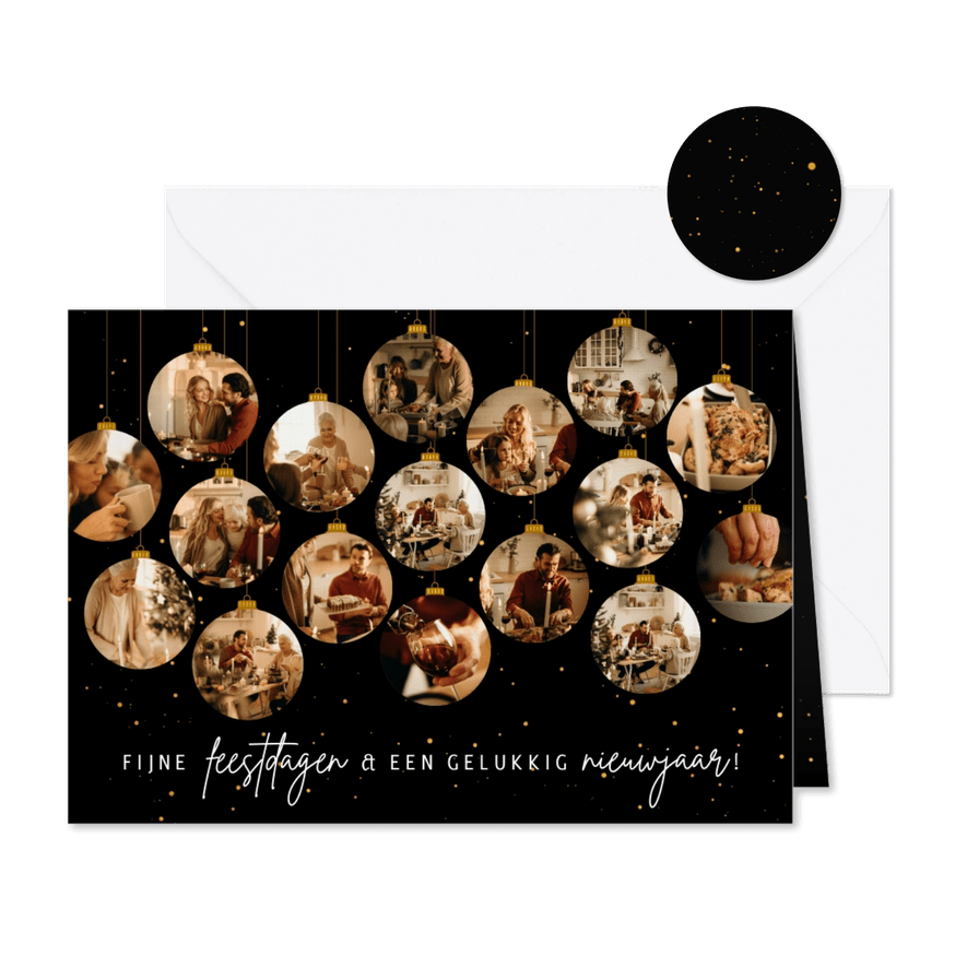 Kerstkaartje met 17 kerstballen met foto's - Kaartimpressie