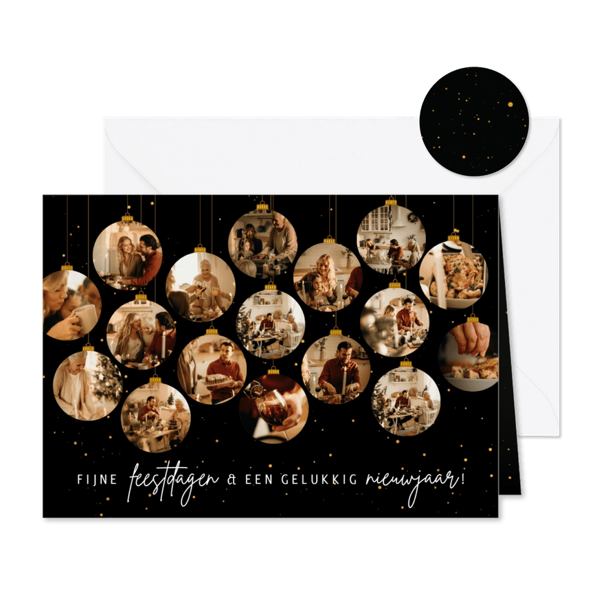Kerstkaartje met 17 kerstballen met foto's - Kaartimpressie