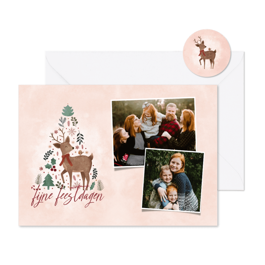 Kerstkaartje met 2 foto's en hert in kerstboom vorm - Kaartimpressie