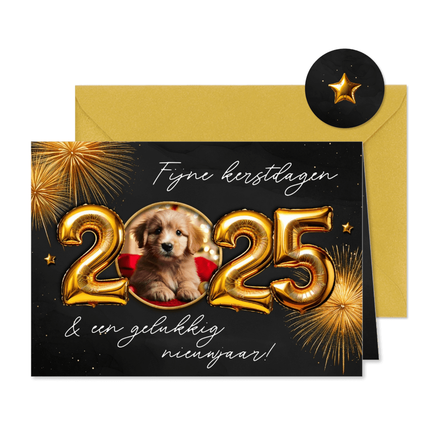 Kerstkaartje met 2025 folieballon en foto goud vuurwerk - Kaartimpressie