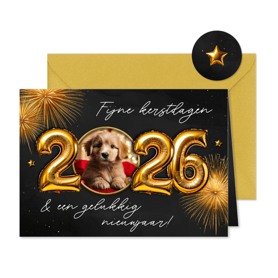 Kerstkaartje met 2026 folieballon en foto goud vuurwerk - Kaartimpressie