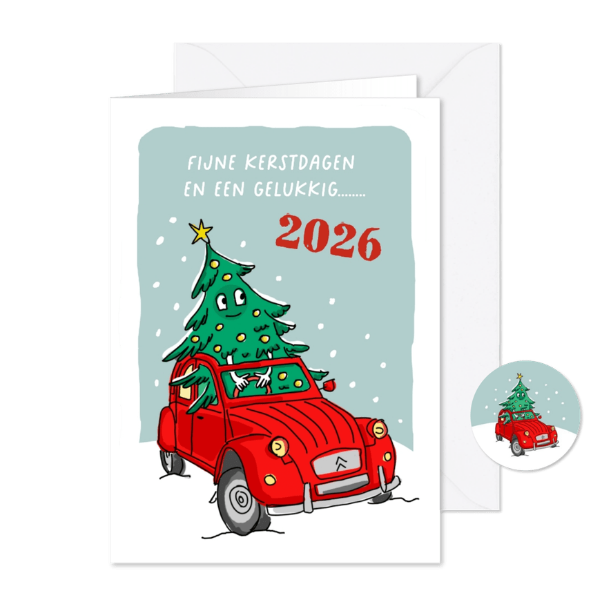 Kerstkaartje met 2CV met kerstboom achter het stuur - Kaartimpressie