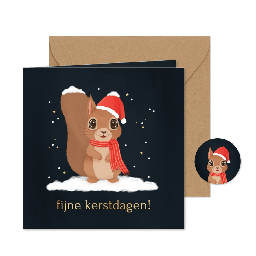 Kerstkaartje met eekhoorntje kerstmuts en sneeuw - Kaartimpressie