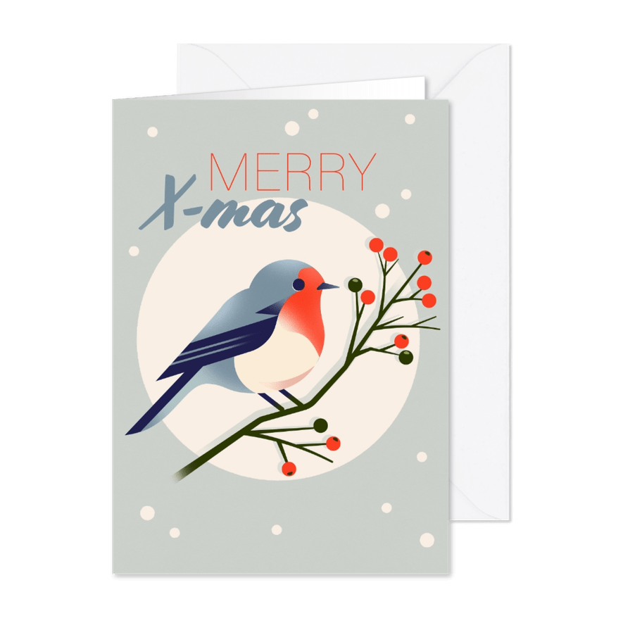 Kerstkaartje met een illustratie van een lief roodborstje - Kaartimpressie