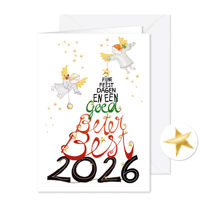 Kerstkaartje met engeltjes en goed beter best nieuwjaar - Kaartimpressie