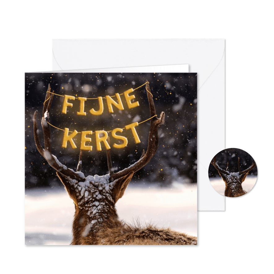 Kerstkaartje met foto rendier en goudlook 'fijne kerst' - Kaartimpressie