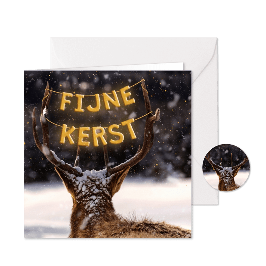 Kerstkaartje met foto rendier en goudlook 'fijne kerst' - Kaartimpressie