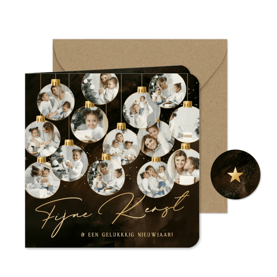 Kerstkaartje met fotocollage 14 kerstballen goud - Kaartimpressie