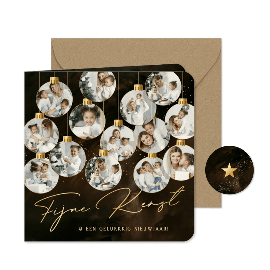 Kerstkaartje met fotocollage 14 kerstballen goud  - Kaartimpressie