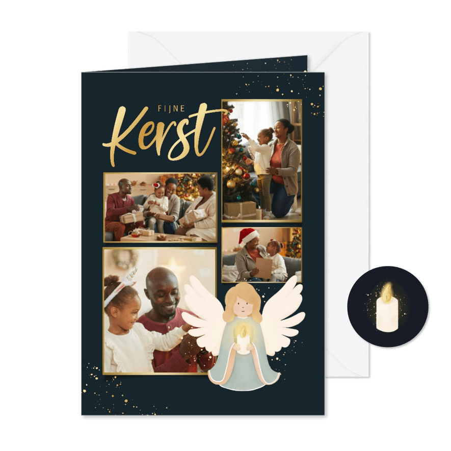 Kerstkaartje met fotocollage engel en goud - Kaartimpressie