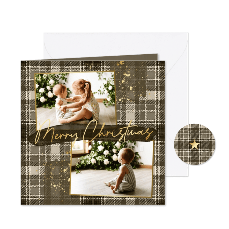 Kerstkaartje met groen ruitjespatroon en foto's goud - Kaartimpressie