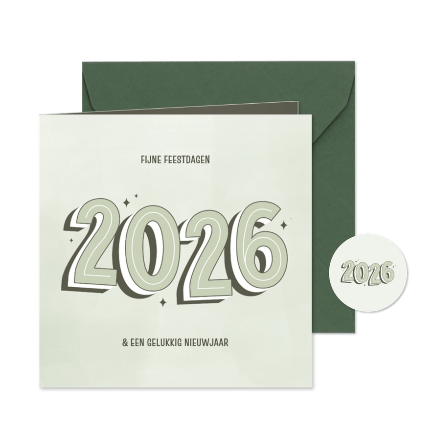 Kerstkaartje met groot 2026 in groentinten - Kaartimpressie