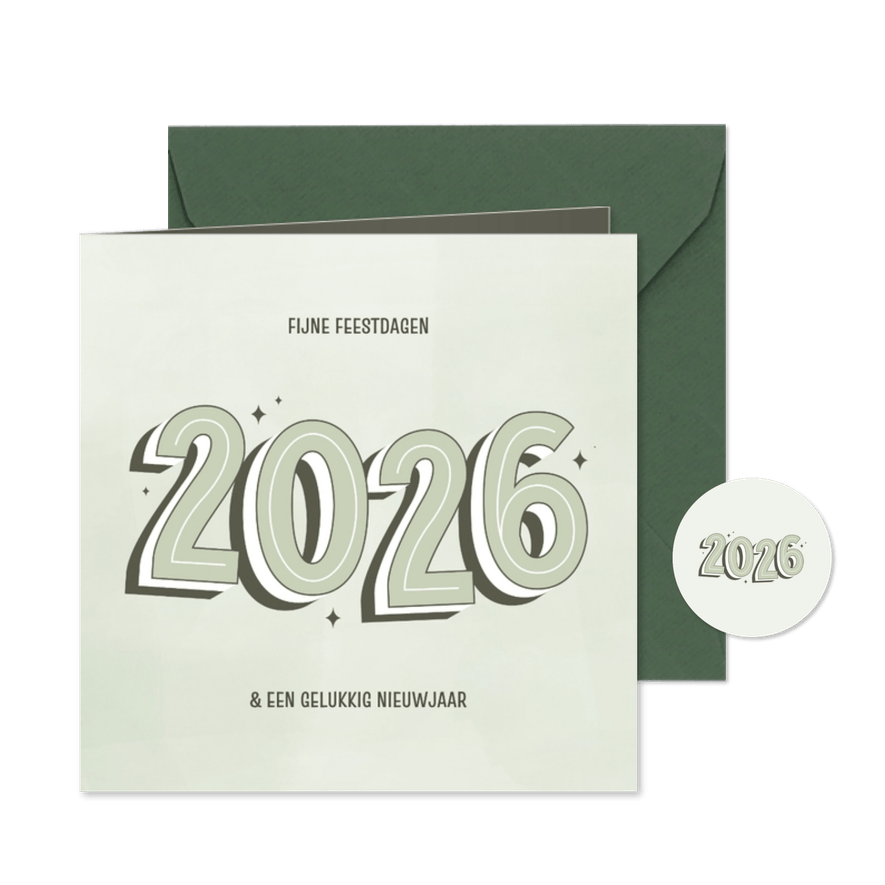 Kerstkaartje met groot 2026 in groentinten - Kaartimpressie