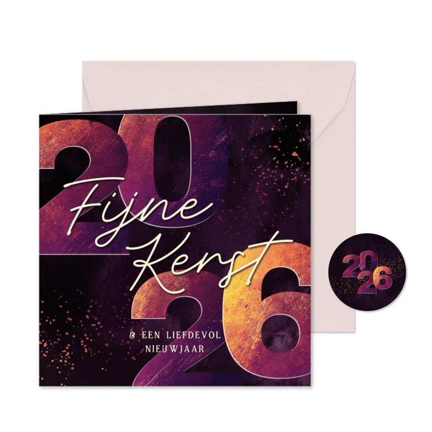 Kerstkaartje met groot 2026 in het paars en geel fijne kerst - Kaartimpressie