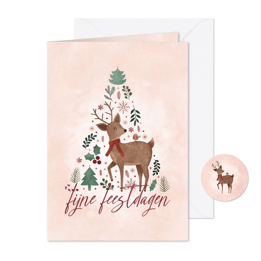 Kerstkaartje met hert en roodborstje in kerstboom vorm - Kaartimpressie