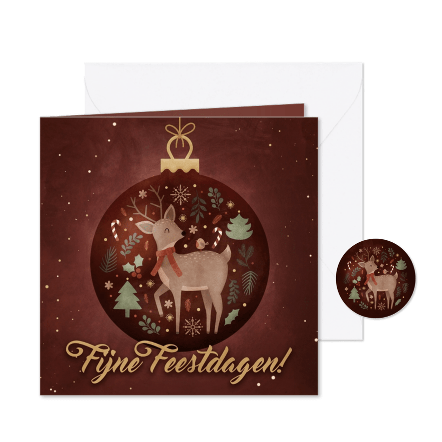 Kerstkaartje met hert in kerstbal en vrolijke illustraties - Kaartimpressie