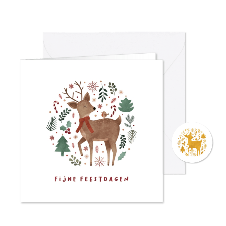 Kerstkaartje met hert, roodborstje en vrolijke illustraties - Kaartimpressie