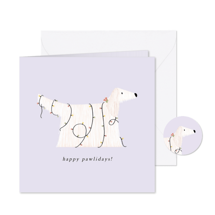 Kerstkaartje met hondje versierd met kerstlampjes - Kaartimpressie