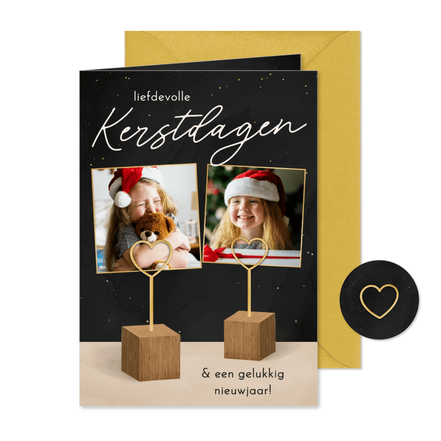 Kerstkaartje met houden fotohouders hartje twee foto's - Kaartimpressie