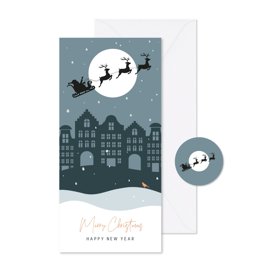 Kerstkaartje met huisjes en silhouet kerstman - Kaartimpressie