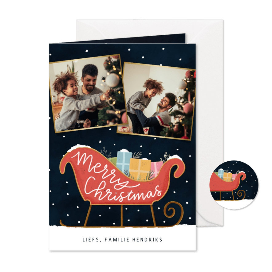 Kerstkaartje met illustratie arreslee en foto's  - Kaartimpressie