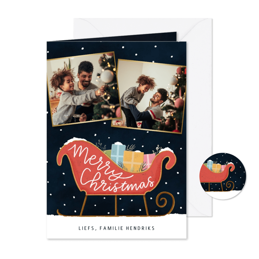 Kerstkaartje met illustratie arreslee en foto's - Kaartimpressie