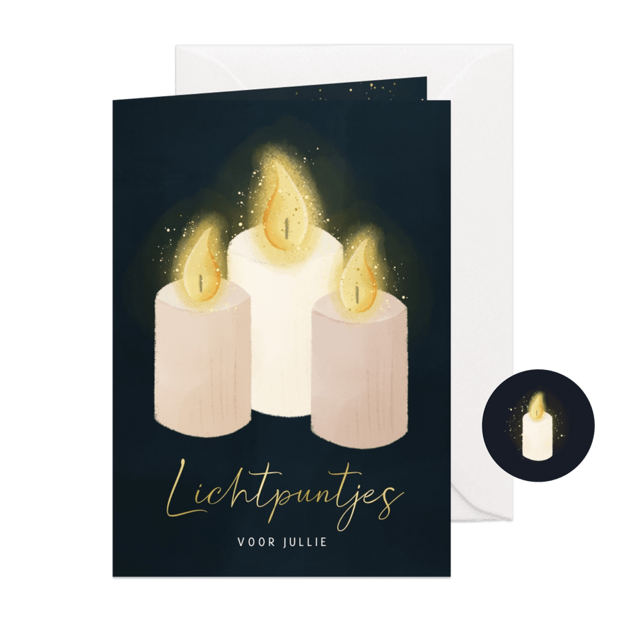 Kerstkaartje met illustratie drie kaarsen veel lichtpuntjes - Kaartimpressie