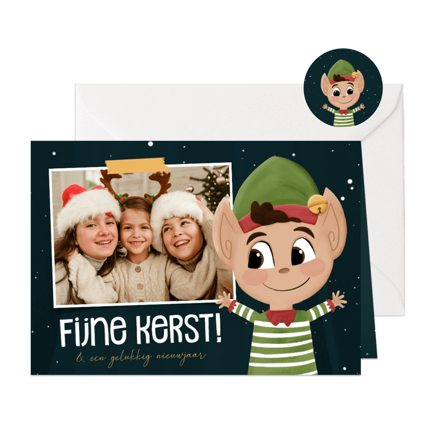 Kerstkaartje met illustratie kerstelfje en foto fijne kerst - Kaartimpressie