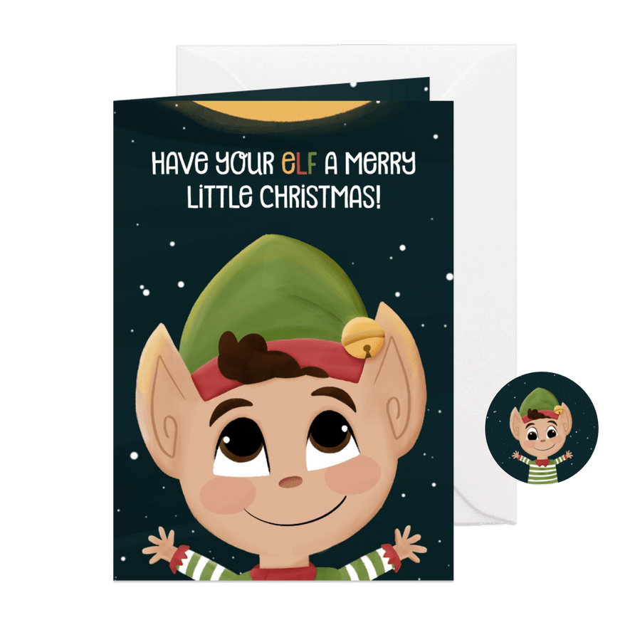 Kerstkaartje met illustratie kerstelfje en woordgrap - Kaartimpressie