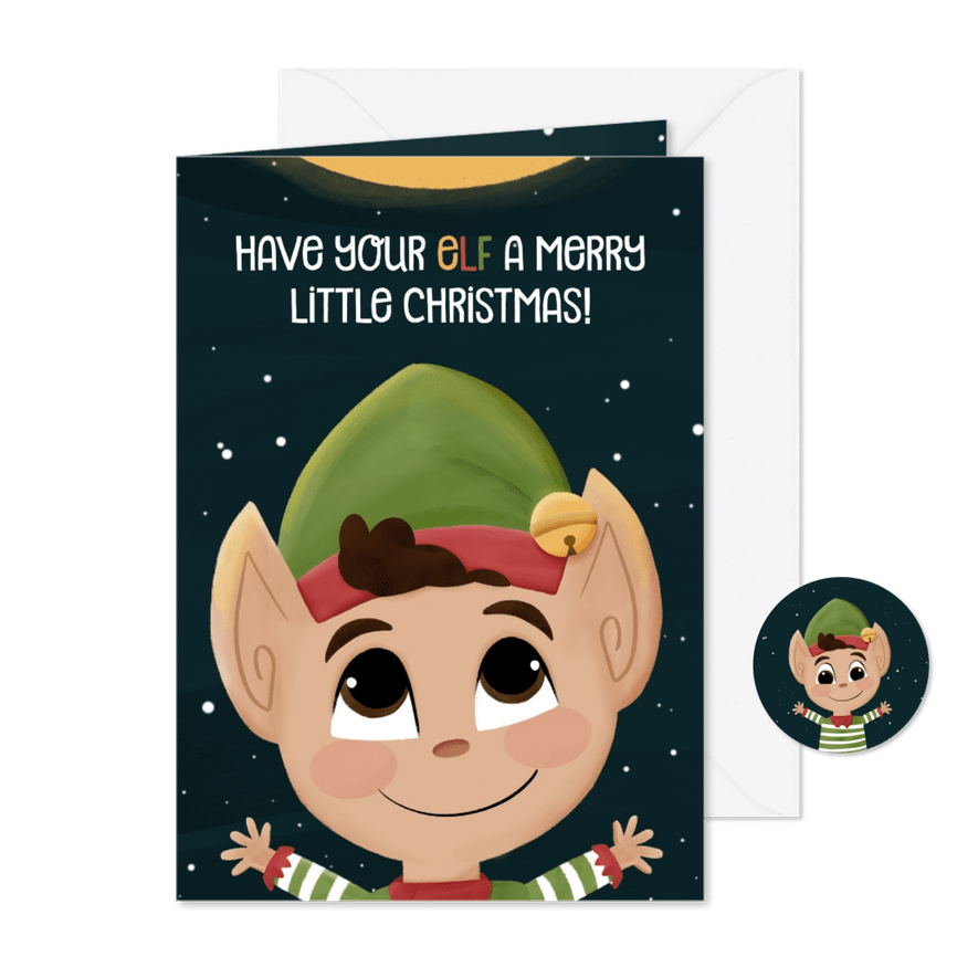 Kerstkaartje met illustratie kerstelfje en woordgrap - Kaartimpressie