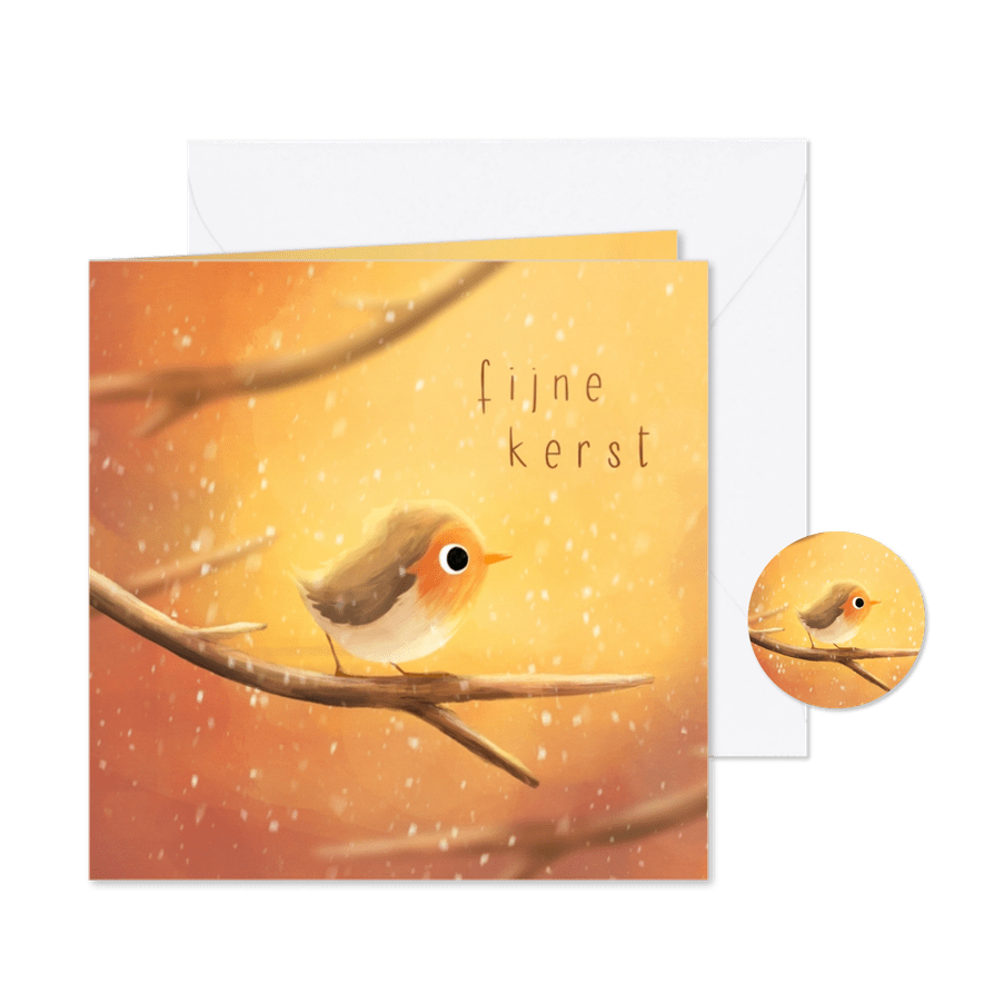 Kerstkaartje met illustratie van roodborstje op tak - Kaartimpressie