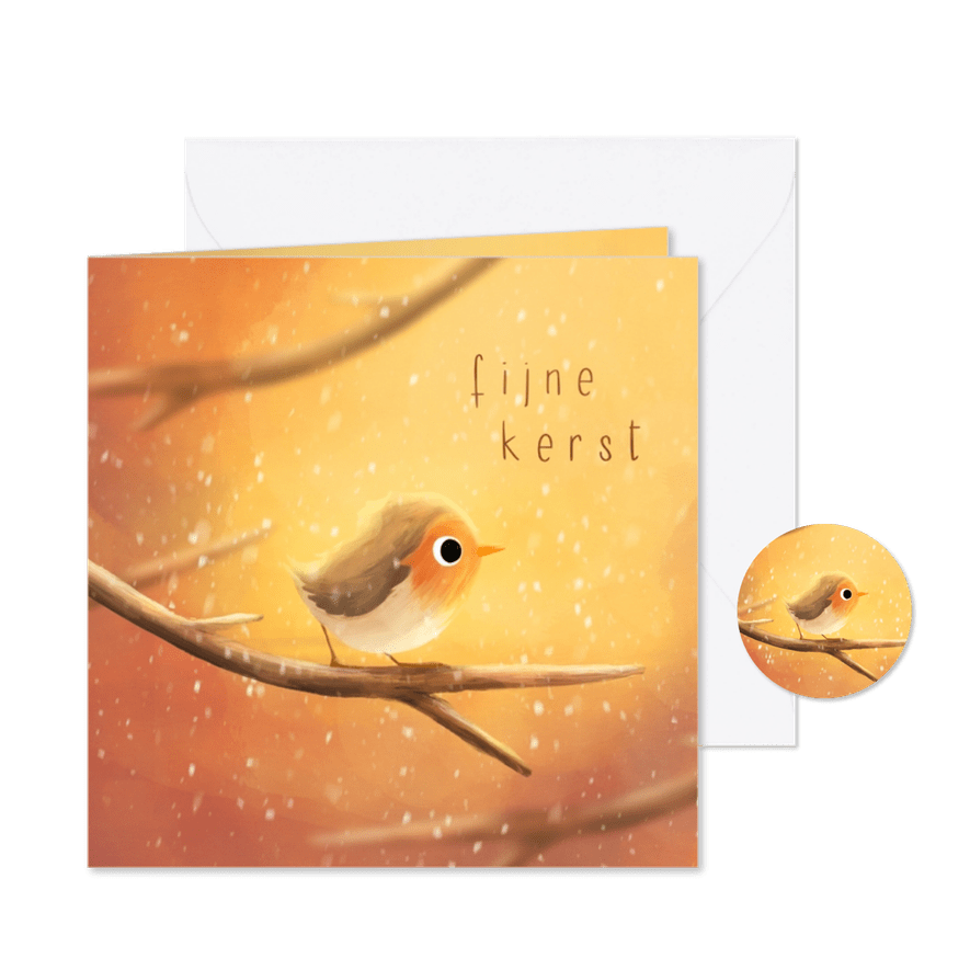 Kerstkaartje met illustratie van roodborstje op tak - Kaartimpressie