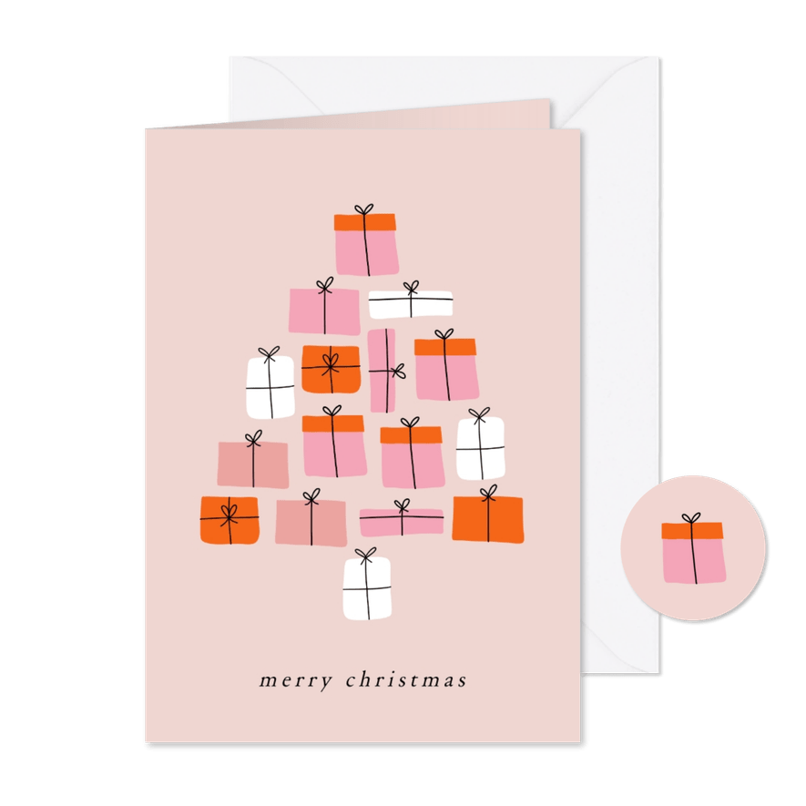 Kerstkaartje met kerstboom van cadeautjes rozetinten - Kaartimpressie