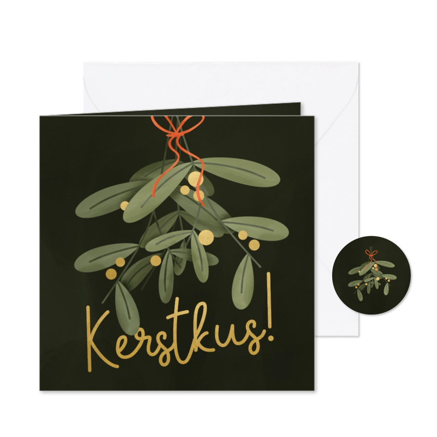 Kerstkaartje met mistletoe en kerstkus goudlook - Kaartimpressie