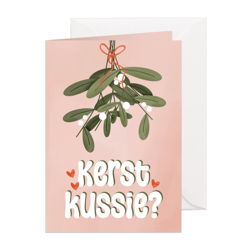 Kerstkaartje met mistletoe en kerstkussie roze - Kaartimpressie