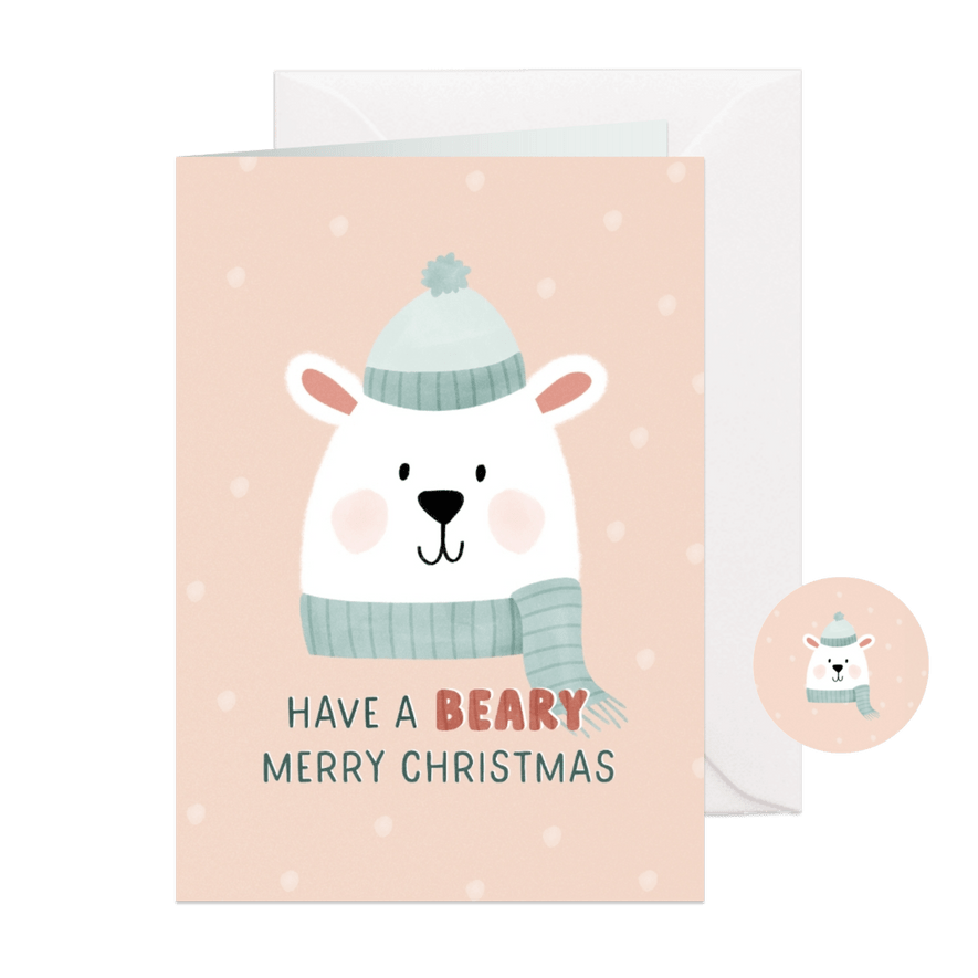 Kerstkaartje met schattig ijsbeertje 'beary merry christmas' - Kaartimpressie