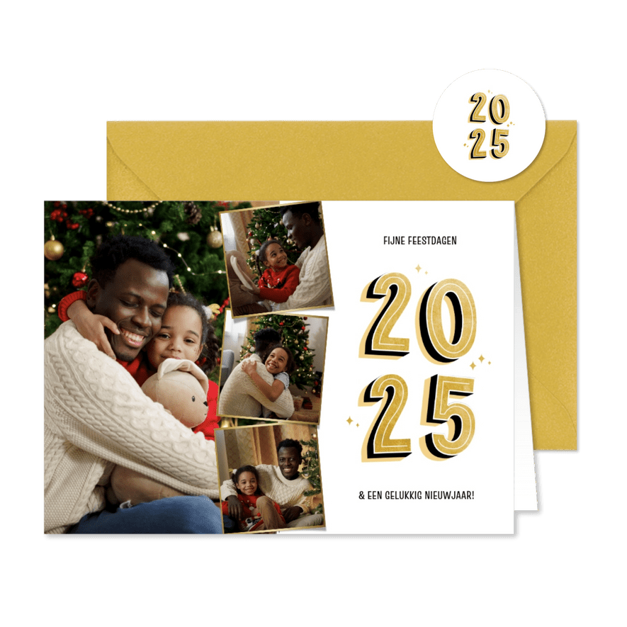 Kerstkaartje met vier foto's wit 2025 goud - Kaartimpressie