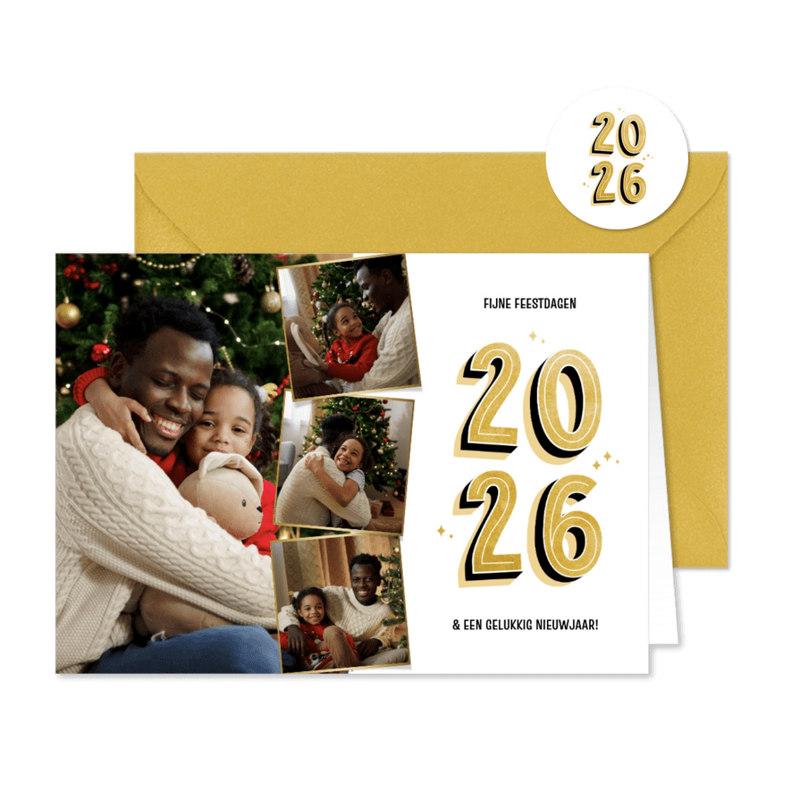 Kerstkaartje met vier foto's wit 2026 goud - Kaartimpressie