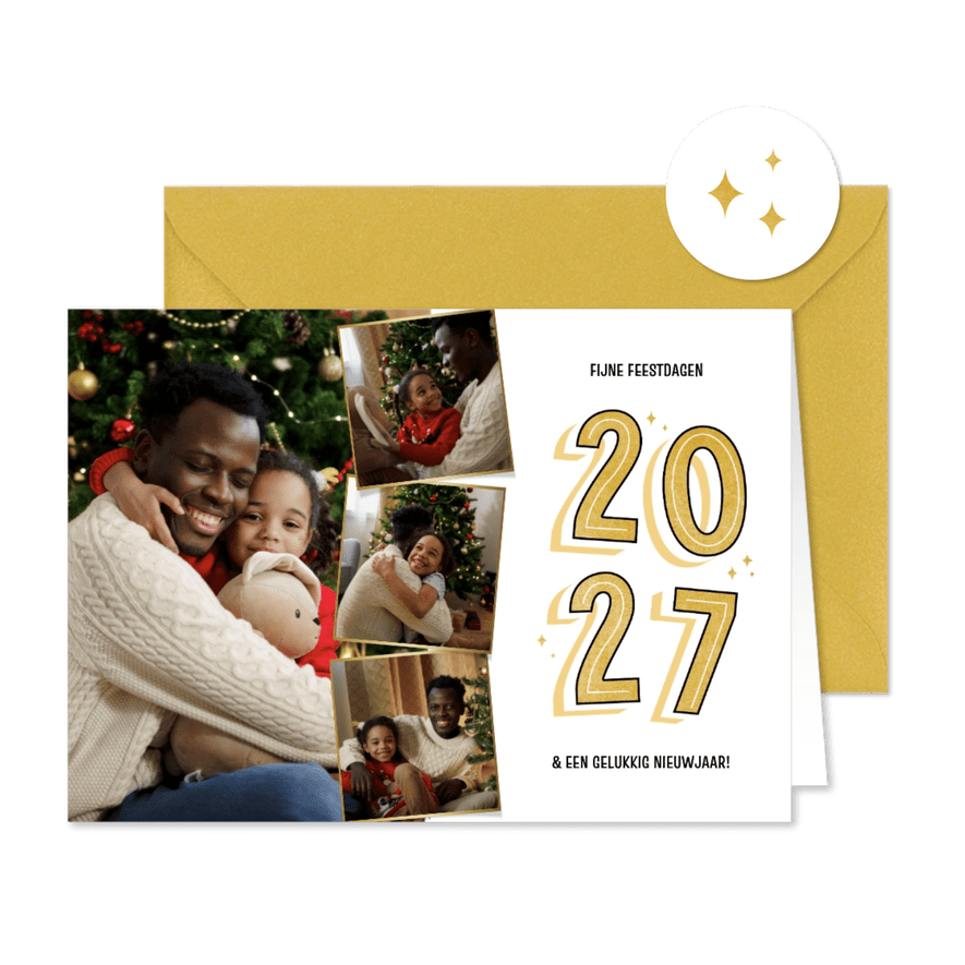 Kerstkaartje met vier foto's wit 2027 goud - Kaartimpressie