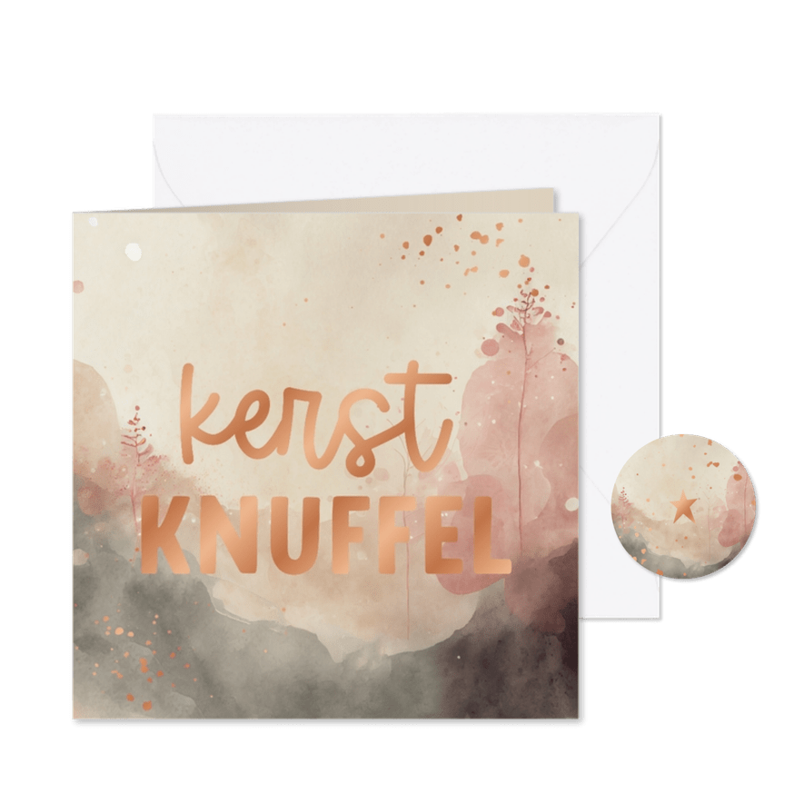 Kerstkaartje met waterverf landschap en kerstknuffel goud - Kaartimpressie