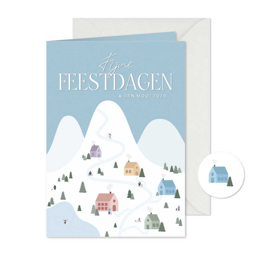 Kerstkaartje met winter landschap met huisjes - Kaartimpressie